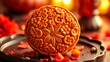 © song - A festive mooncake with floral imprints and golden accents, celebrating China National Day with elegance.