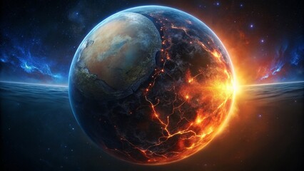 Wall Mural - an abstract earth split into glowing and dark halves, depicting global energy imbalance.