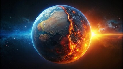 Wall Mural - an abstract earth split into glowing and dark halves, depicting global energy imbalance.