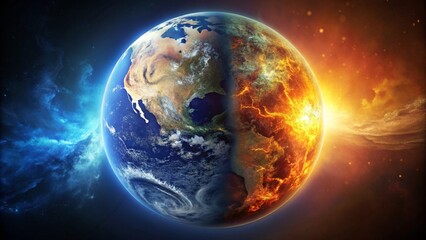 Wall Mural - an abstract earth split into glowing and dark halves, depicting global energy imbalance.
