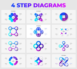 Wall Mural - infographic set displaying various four step circular diagram templates featuring professional layou