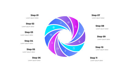 Wall Mural - circular infographic template with eleven steps, icons, and text placeholders, ideal for illustratin
