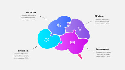 Wall Mural - brain shaped puzzle diagram showcasing four essential business concepts: marketing, investment, effi