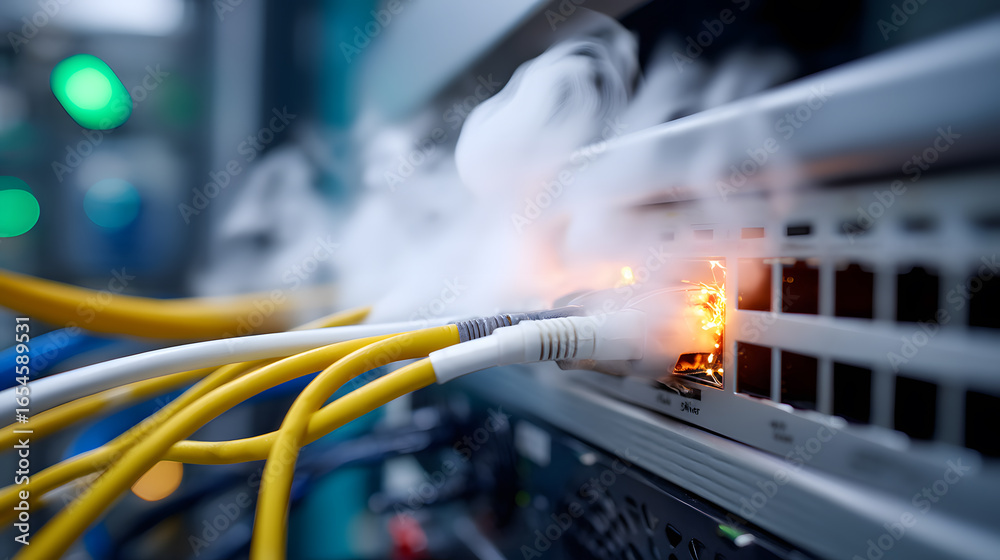 Network Failure Overheated Server Rack with Cables and Smoke ...
