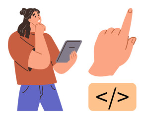 woman holding a tablet and thinking, large hand pointing upwards, coding angle brackets represent pr