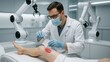 © brAIght - Caucasian male doctor applying synthetic skin graft to wounded leg using precision tools in futuristic lab. Concept of wound healing, biotechnology, and advanced medical robotics