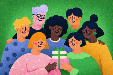 Wall Mural - Group of friends celebrating together with gifts during a joyful gathering in a vibrant setting