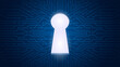 © nuddss - Keyhole with electronic line for unlock powerful potential business concept. Big data success secret and innovation technology. Entrance door to opportunity vision conceptual blue background.