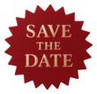© stickerside - Red starburst sticker with SAVE THE DATE message in elegant gold, eye-catching promo offer on transparent background.