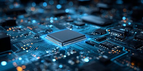 Wall Mural - abstract technology background with circuit board design and central processing unit in blue color s