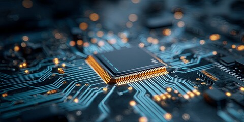 Wall Mural - abstract technology background with circuit board design and central processing unit in blue color s