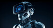 © Zillul Azad - A futuristic robot wearing a vr headset with a swirling blue light display, embodying artificial intelligence and virtual reality technology of the future