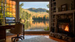 © Daniel - An online webinar virtual meeting background showing a beautiful scenic fall lake and a cozy fireplace in an interior room, suitable for a retirement home office with a computer desk. The view from