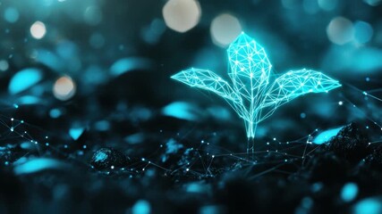 Wall Mural - abstract digital leaf structure model with glowing lines and particles on blue background for nature