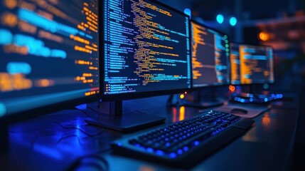 Multiple monitors display colorful programming code in a dark room, highlighting software development and coding workflow.