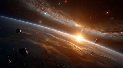Wall Mural - galactic sunrise: witness the dawn of a new day as the sun rises above the horizon of a distant plan