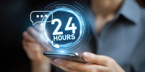 Professional man Holding Smartphone with Glowing Call Center Headset, “24 Hours” Symbol and Speech Bubble Icon, Representing Round-the-Clock Customer Service, Digital Communication, Support Technology