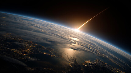 Wall Mural - impact in the cosmos: an awesome view of a meteor, leaving a fiery trail as it approaches earth, fro