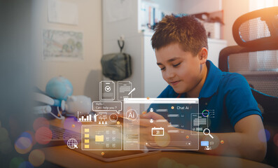 Teen boy studying with tablet and AI interface graphics.Concept of e-learning, artificial intelligence in education,online study with classmates, multilingual learning and future classroom technology
