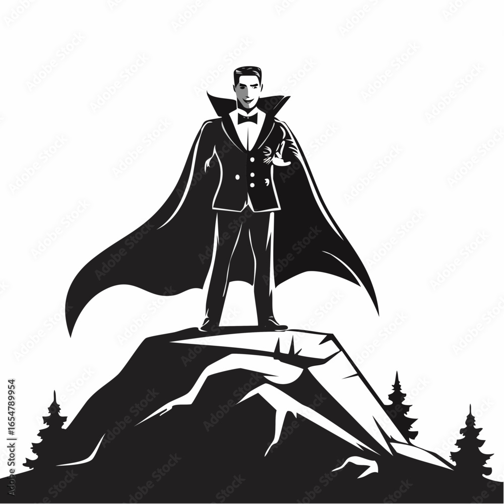 Dracula Standing Proudly on a Large Rock with a Billowing Cloak in ...