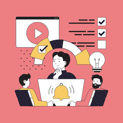 Wall Mural - Digital content marketing concept for modern web design. People making data statistic analysis and planning creative online advertisement, targeting and attracting audience. Vector illustration.