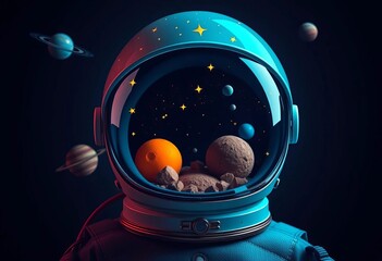 Wall Mural - Whimsical astronaut helmet with stars and planets on a dark background,  cartoon,  satellite