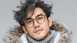 © tonpreecha - Stylish Young Man With Glasses In Winter Coat With Fur Hood And Snowflakes Falling Around His Head