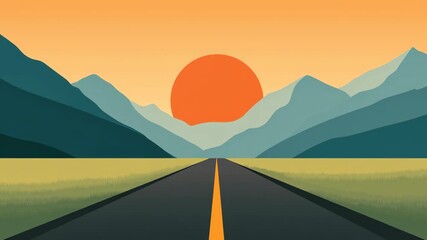Wall Mural - minimalist landscape with mountains and sunset over a straight road in warm contrasting colors