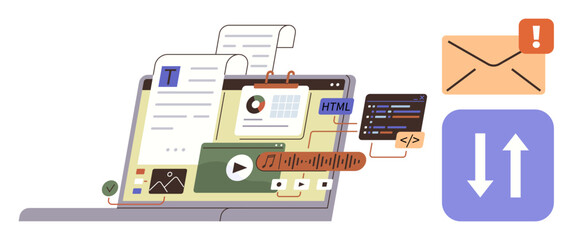 Laptop displaying documents, graphs, HTML code, video, and audio editing tools. Additional icons include data exchange and email alert. Ideal for communication, teamwork, coding technology