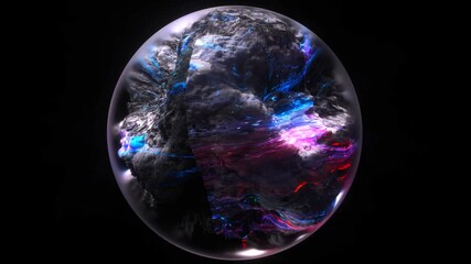 Wall Mural - 3d render of abstract art video animation with surreal mineral geology ball stone object ocean or asteroid in organic forms in deformation process in the dark in neon glowing blue, purple mix color 