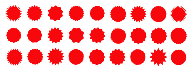Circle sticker set. Wavy edge promo red badges. Star burst shape tags for price. Blank sale stickers. Simple silhouette. Flat vintage labels. Graphic illustration.
