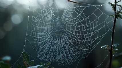 Nature's Intricate Masterpiece: A Dew-Laden Spiderweb Glistening in Muted Light