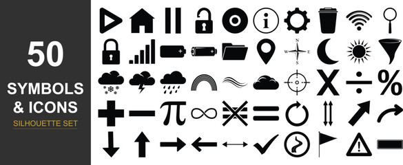 Collection of 50 diverse black and white symbols and icons