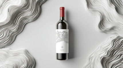 Wine bottle mockup with a blank white label, front view, on a light gray background, with paper waves in the shape of an abstract pattern
