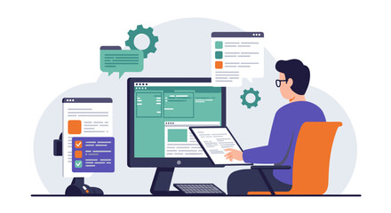 Developer working on project with multiple monitors in modern office space