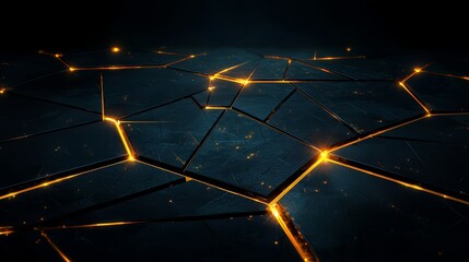 Wall Mural - Black and orange image of a broken surface with a yellow glow. The image has a futuristic and industrial feel to it