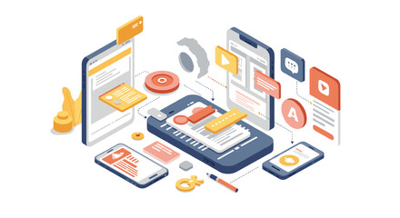Isometric mobile app development with interface and ui elements