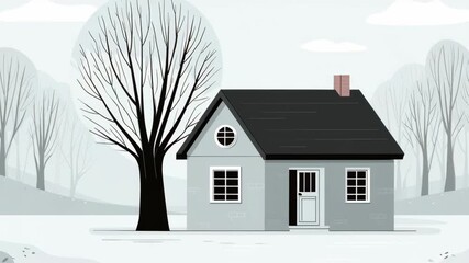 Poster - minimalist line art of a house surrounded by stylized trees in a serene landscape