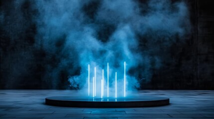 Wall Mural - blue smoke filled room with a blue lighted circle in the center. the circle is surrounded by six blu