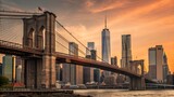Brooklyn bridge and manhattan skyline at sunset in new york city