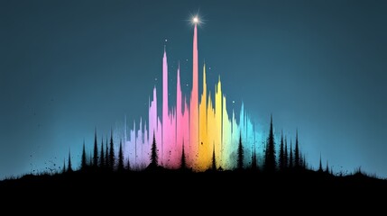 Wall Mural - Colorful mountain range with a star in the middle. The sky is dark blue and the trees are tall and colorful