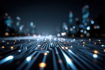 Wall Mural - high-tech futuristic cityscape with illuminated digital lines and bokeh lights