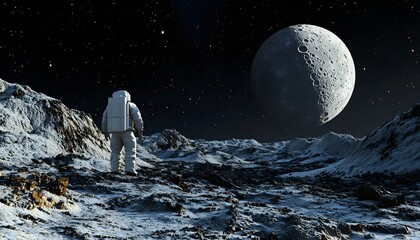 Wall Mural - A man in a white space suit is standing on a rocky surface. There is a large moon in the background