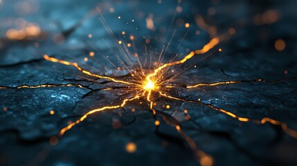 Wall Mural - Fire is burning in the middle of a rocky surface. The fire is surrounded by a lot of sparks and the surface is cracked and broken