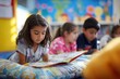 © matucha12 - Hispanic children reading bilingual books in colorful library corner, cultural symbols