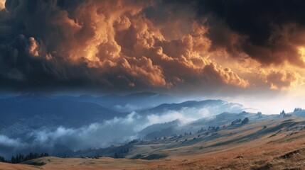 Wall Mural - Dramatic mountain landscape with storm clouds at sunset aerial view in Carpathian mountains Ukraine