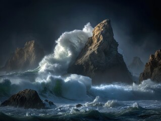Wall Mural - Crashing Waves on Rocky Coastline Dramatic Ocean Storm Surge at Shoreline Landscape Photography