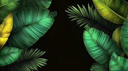 Wall Mural - Green leafy background with a yellow leaf in the middle. The background is dark and the yellow leaf is the only bright color in the image
