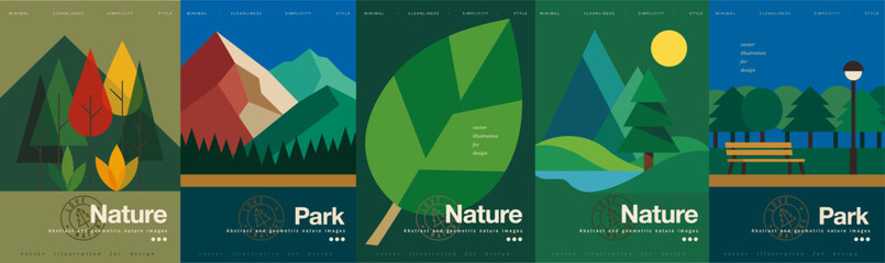 Park and nature. Abstract modern geometric vector illustrations of landscape, trees, mountains, bench, leaf, lantern and scenery for travel poster, outdoor activities, background and cover