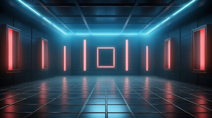Wall Mural - large room with a red and blue neon light. the room is empty and has a futuristic feel